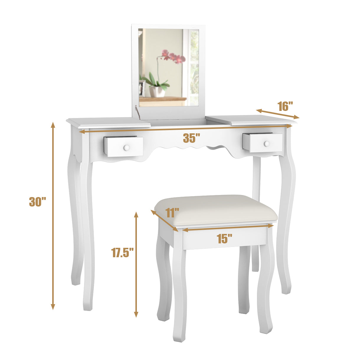 Topbuy Flip-type Vanity Mirror Dressing Table Beauty Dresser Cosmetics Organizer