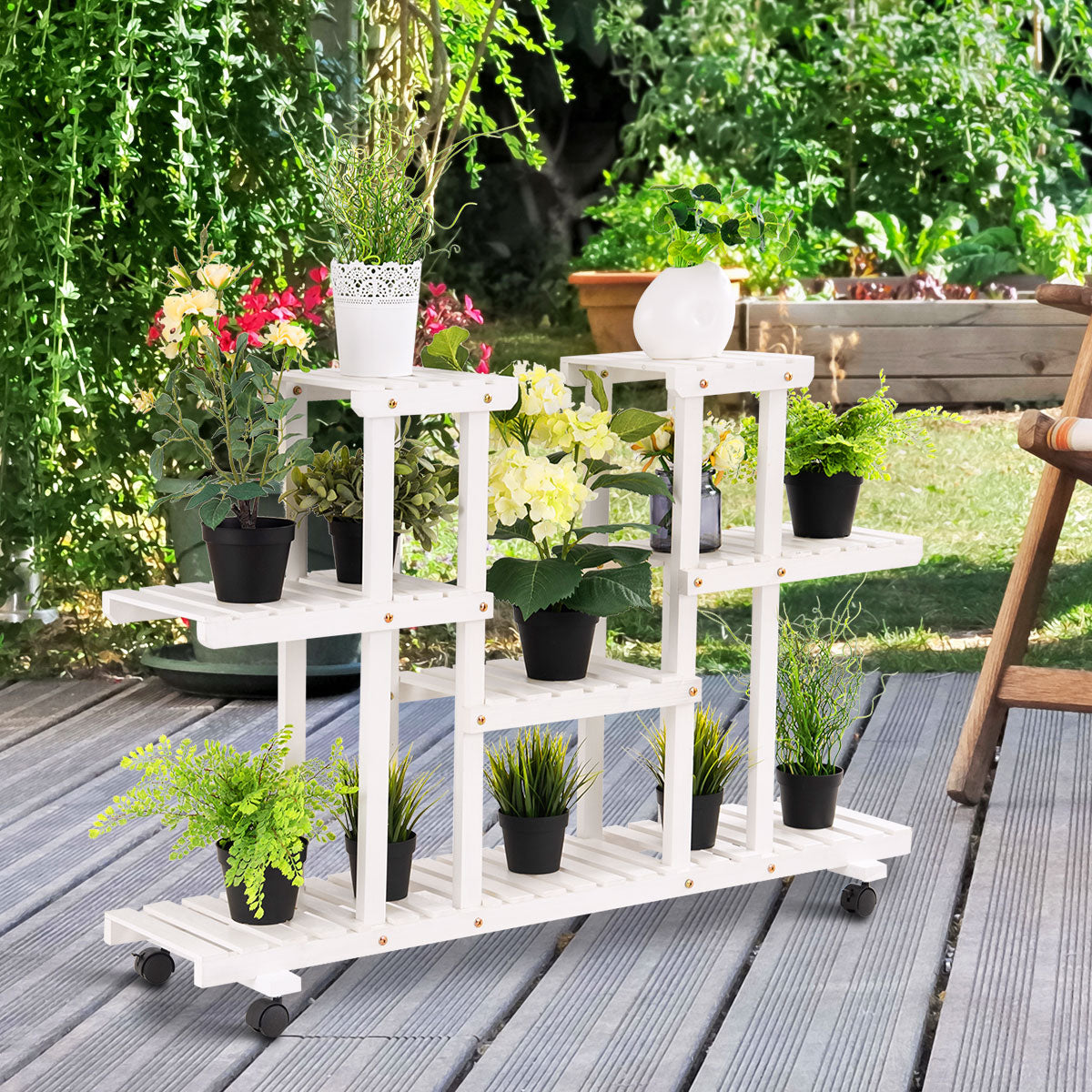 Topbuy 4-Tier White Rolling Flower Rack Wood Plant Stand 12 Pots Bonsai Display Shelf w/ Lockable Casters