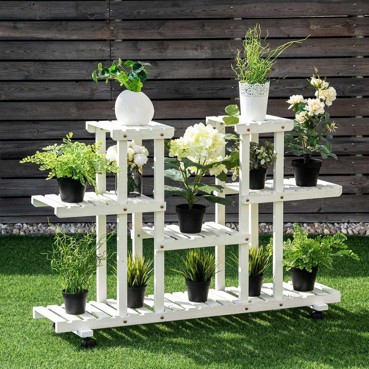 Topbuy 4-Tier White Rolling Flower Rack Wood Plant Stand 12 Pots Bonsai Display Shelf w/ Lockable Casters