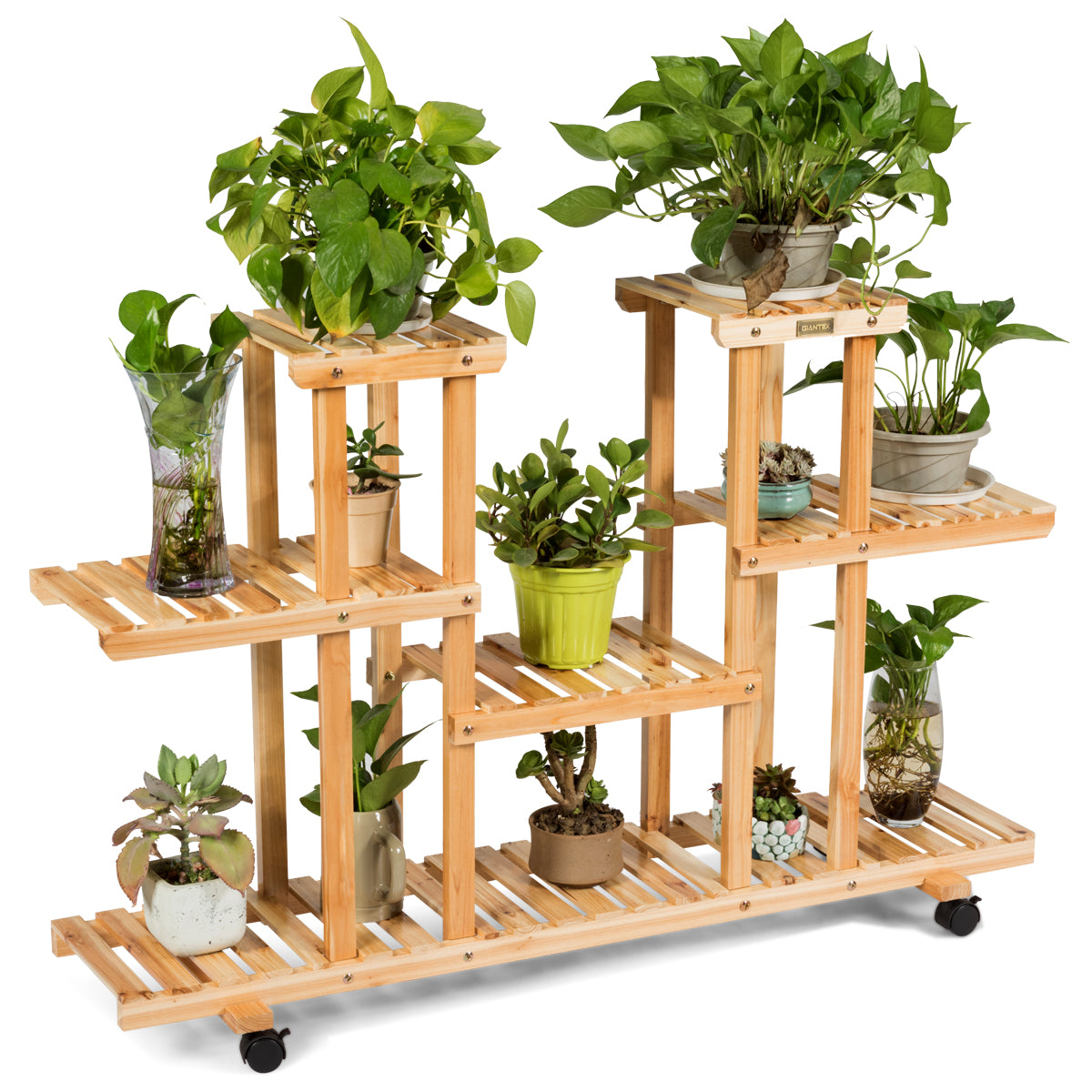 Topbuy 4-Tier White Rolling Flower Rack Wood Plant Stand 12 Pots Bonsai Display Shelf w/ Lockable Casters