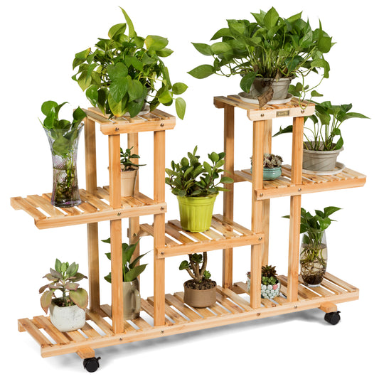 Topbuy 4-Tier White Rolling Flower Rack Wood Plant Stand 12 Pots Bonsai Display Shelf w/ Lockable Casters