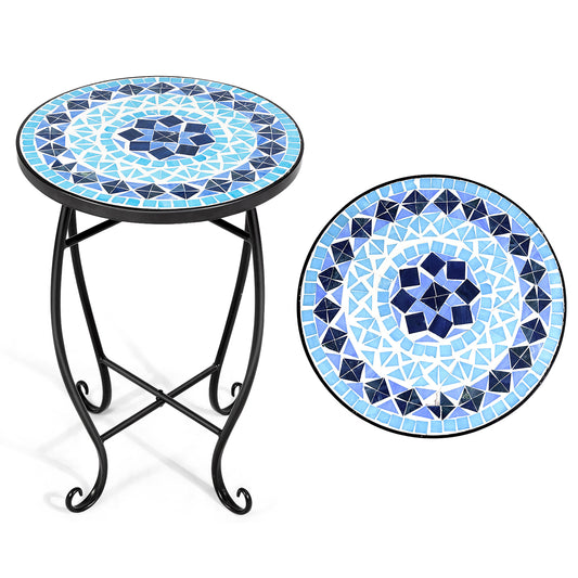 Topbuy Outdoor Plant Stand Top Round Accent Steel Table Garden Blue