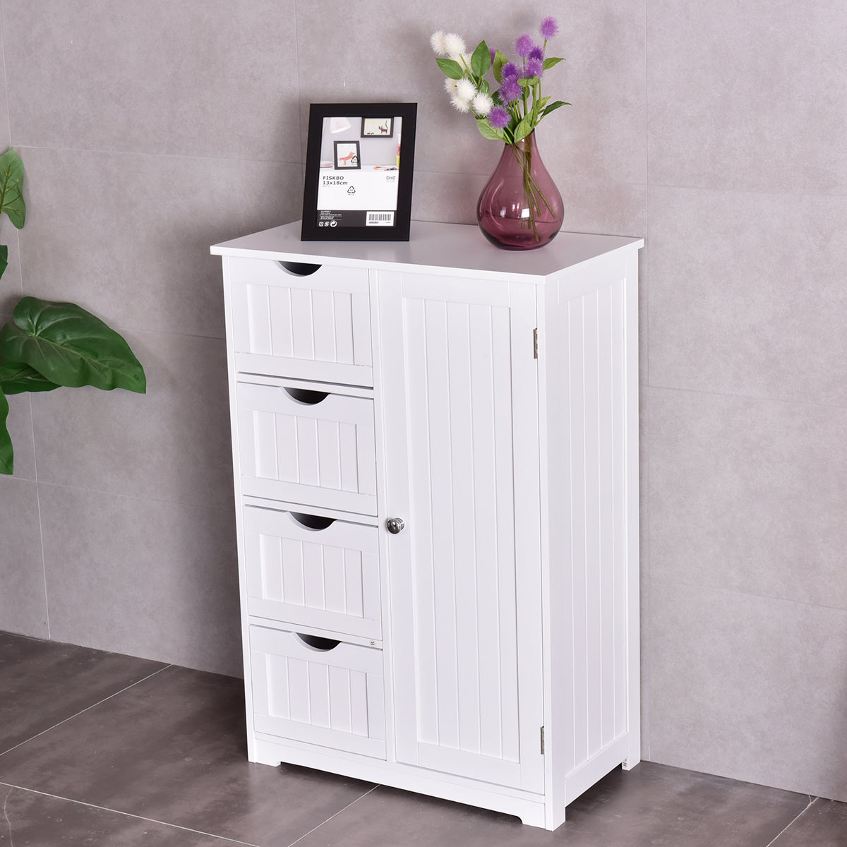 Topbuy 4 Drawer  2 Shelves Storage Cabinet Free Standing Wooden Cupboard White