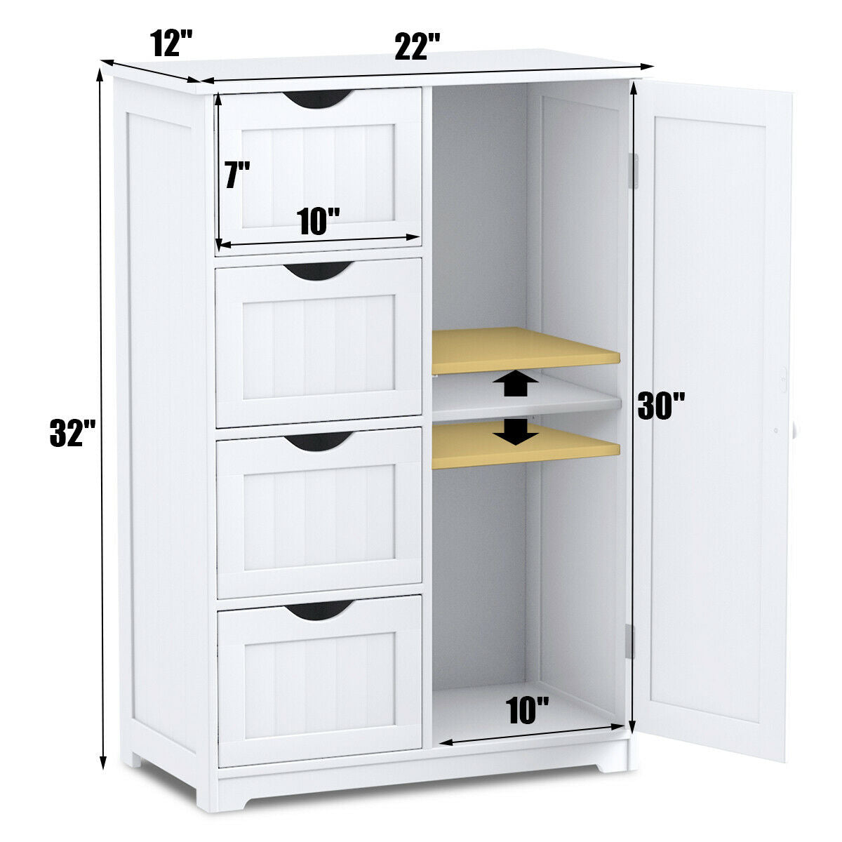 Topbuy 4 Drawer  2 Shelves Storage Cabinet Free Standing Wooden Cupboard White