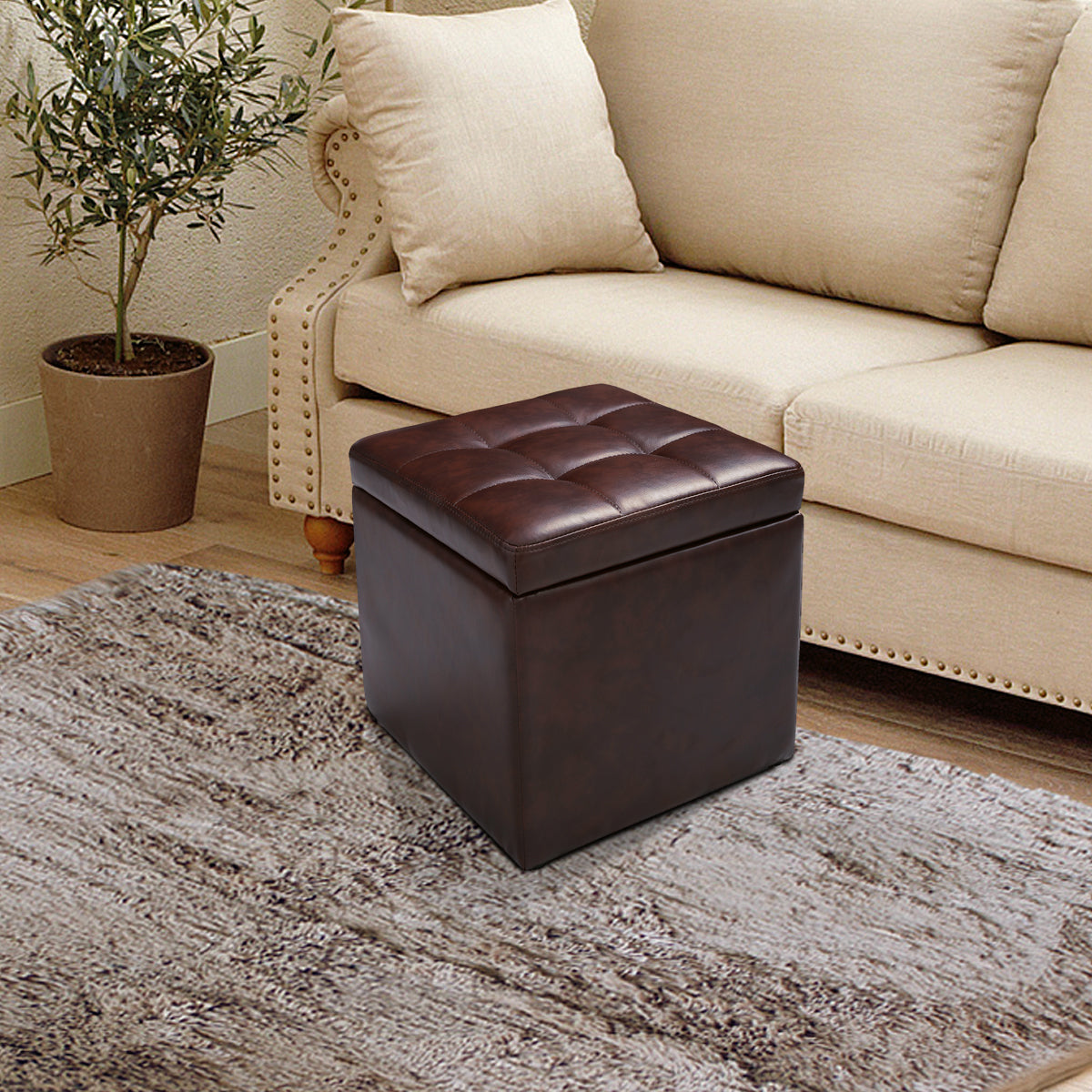 Topbuy 16''Cube Ottoman Storage Box  Pouffe Seat Footstools with Hinge Top
