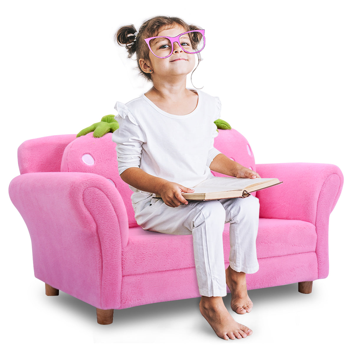 Topbuy Kids Sofa Cute Pink Sofa Strawbwrry Sponge Filler Upholstered Lounge w/ Armrest