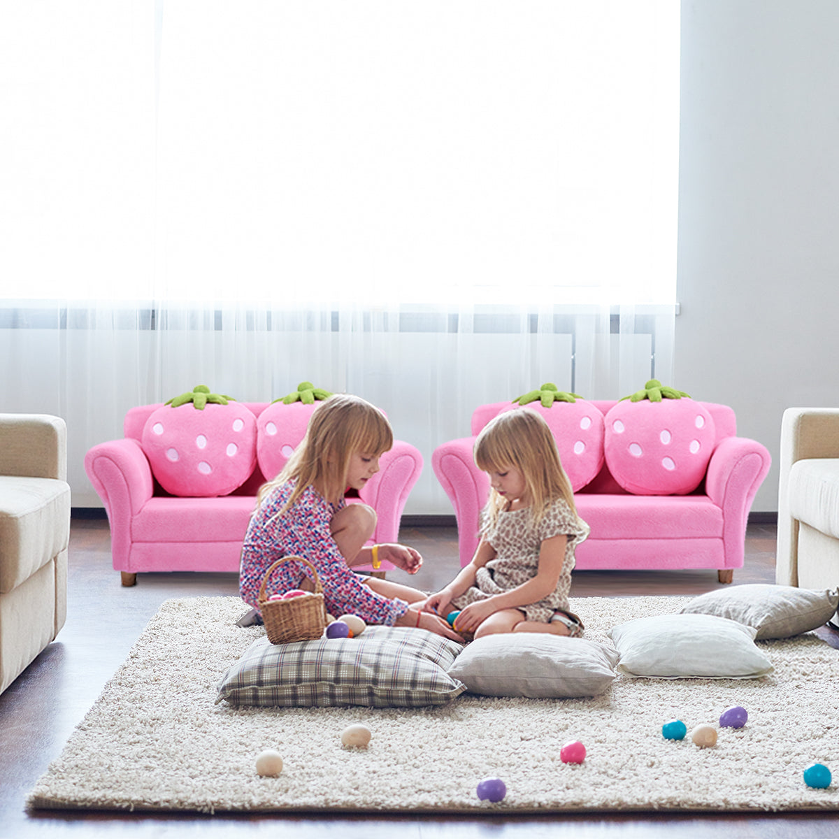 Topbuy Kids Sofa Cute Pink Sofa Strawbwrry Sponge Filler Upholstered Lounge w/ Armrest