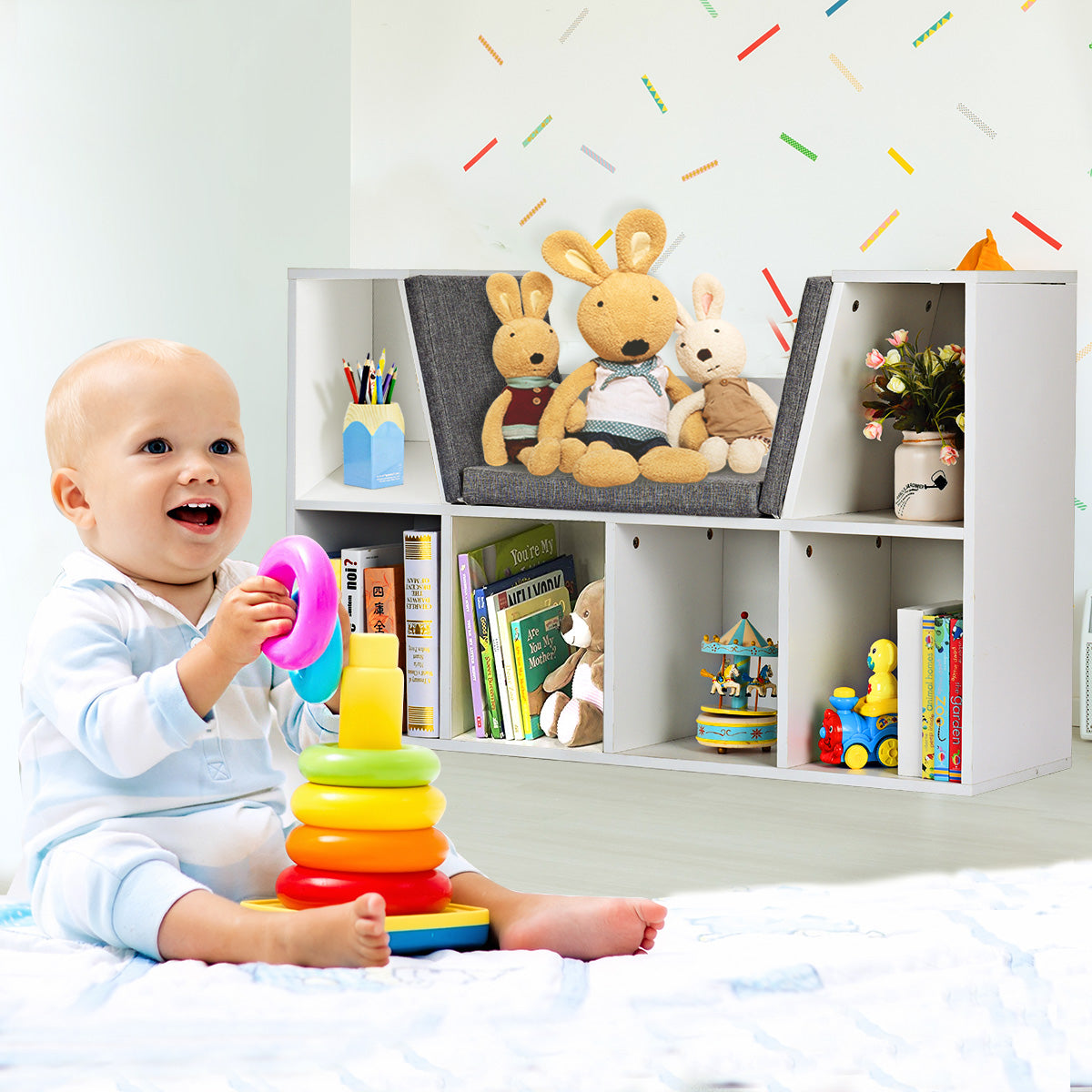 Patiojoy Storage Cabinet Kids Bookcase Multi-Functional Display Shelf With 6 Cubby