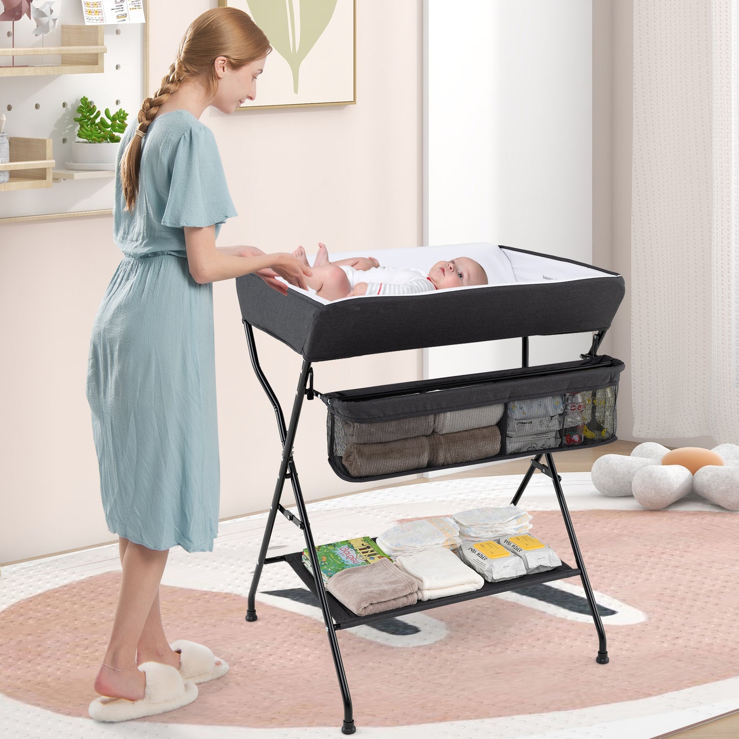 Topbuy Infant Folding Changing Table Portable Children Baby Girl Boy Diaper Station w/ Storage Box