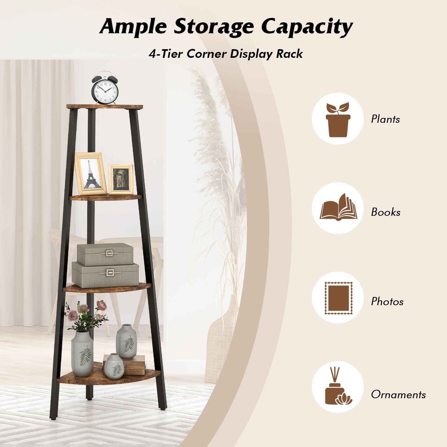 Topbuy 4-layers Corner Shelf Metal Storage Rack Domestic Bookcase Display Stand Wood