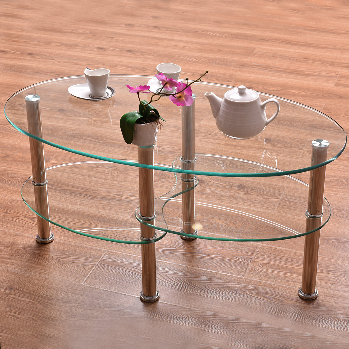 Topbuy Oval Coffee Table Tempered Glass Top Tea table w/ Chrome Base  for Living Room