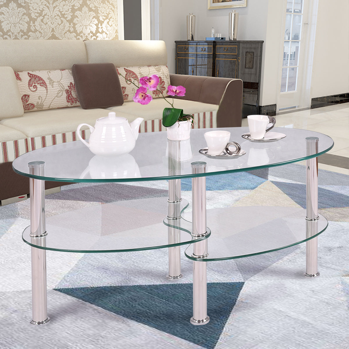 Topbuy Oval Coffee Table Tempered Glass Top Tea table w/ Chrome Base  for Living Room