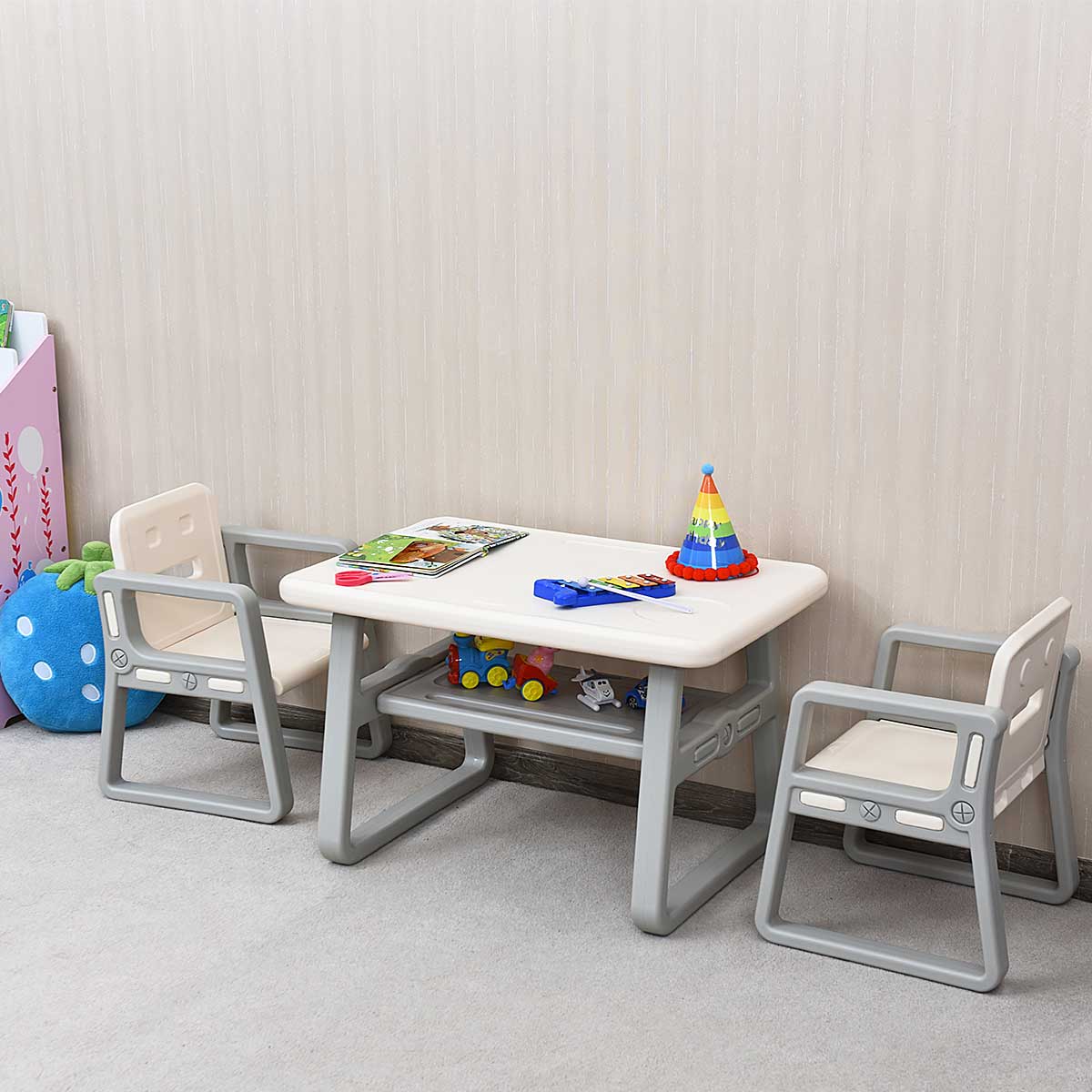 Topbuy Kids 2-in-1 Table and 2 Chairs Set Activity Table With Storage Shelf Baby