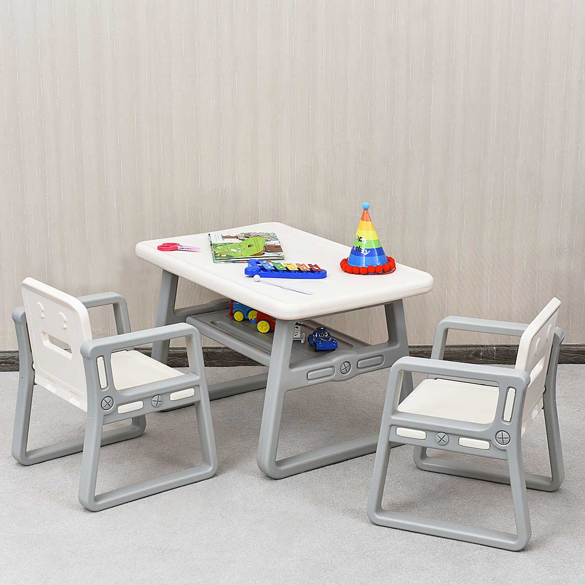 Topbuy Kids 2-in-1 Table and 2 Chairs Set Activity Table With Storage Shelf Baby
