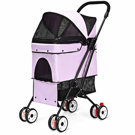 Topbuy Pets Stroller Portable for Cat Dog Cage Stroller Travel Folding Carrier Pink
