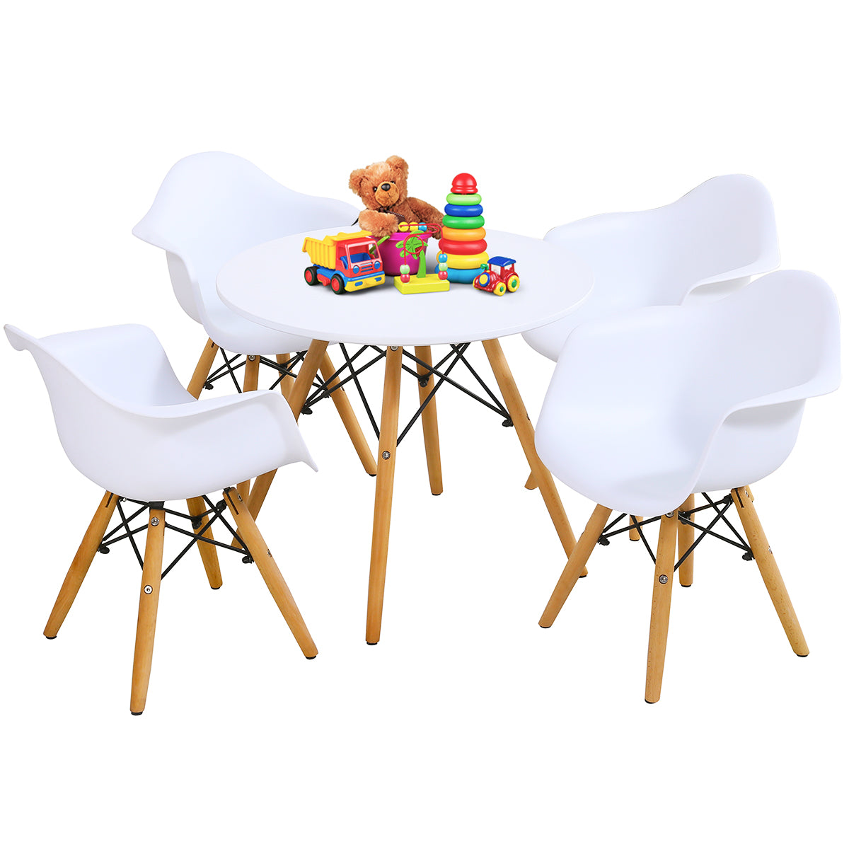 Costway Children Table & 4 Chairs Set Solid Construction 5 PCS Dining Table Toddler White