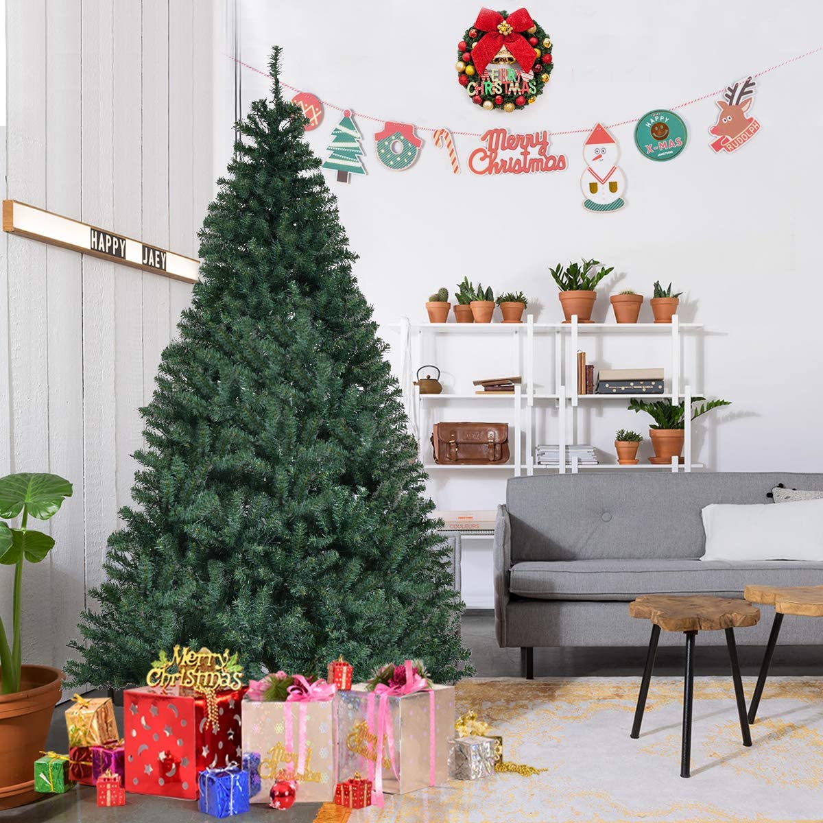 Topbuy 7ft LED Lights Pre-Lit Artificial Christmas Tree w/ Hinged Branches and Metal Stand