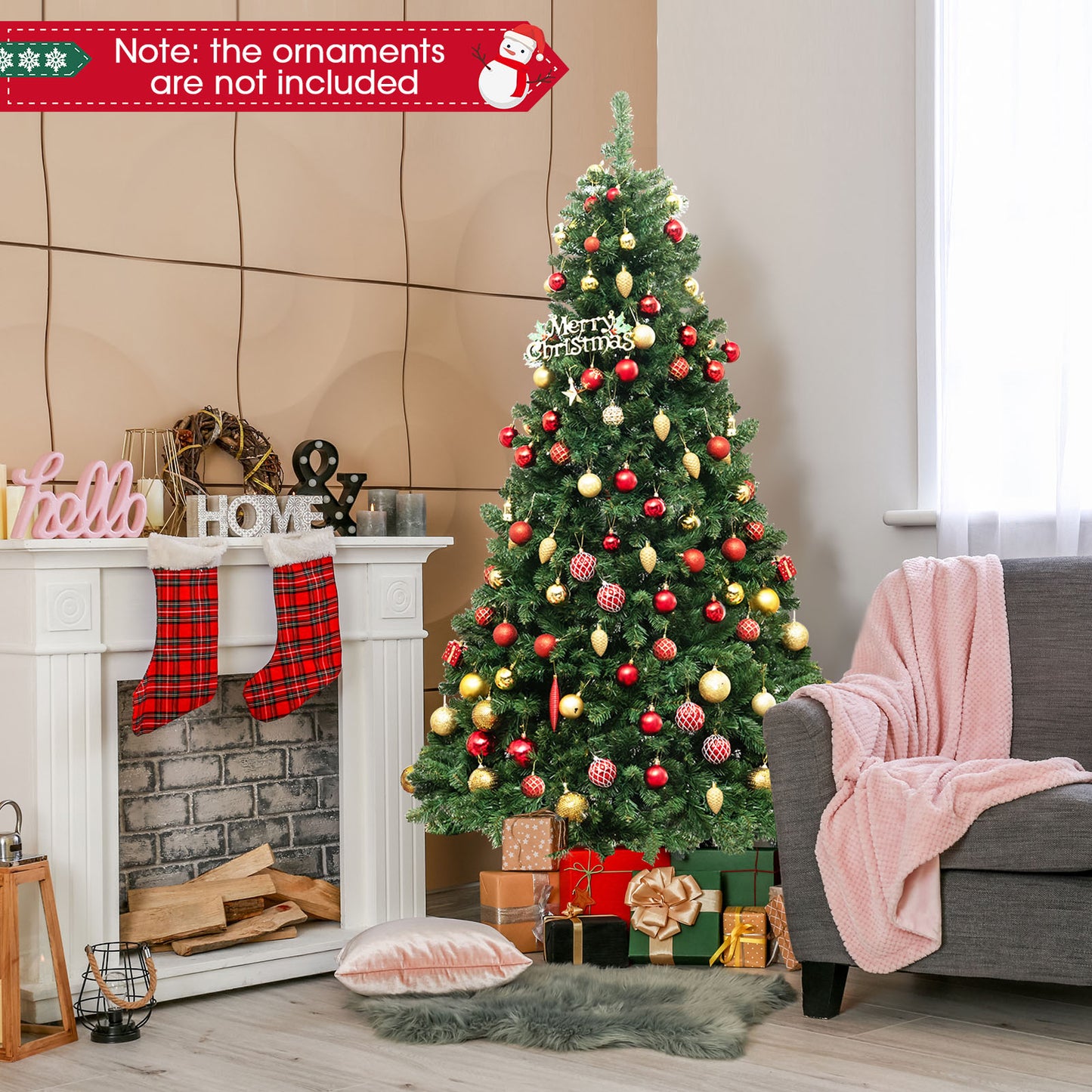 Topbuy 7FT Pre-lit Artificial Christmas Tree Hinged Xmas Tree with 700 Warm White LED Lights
