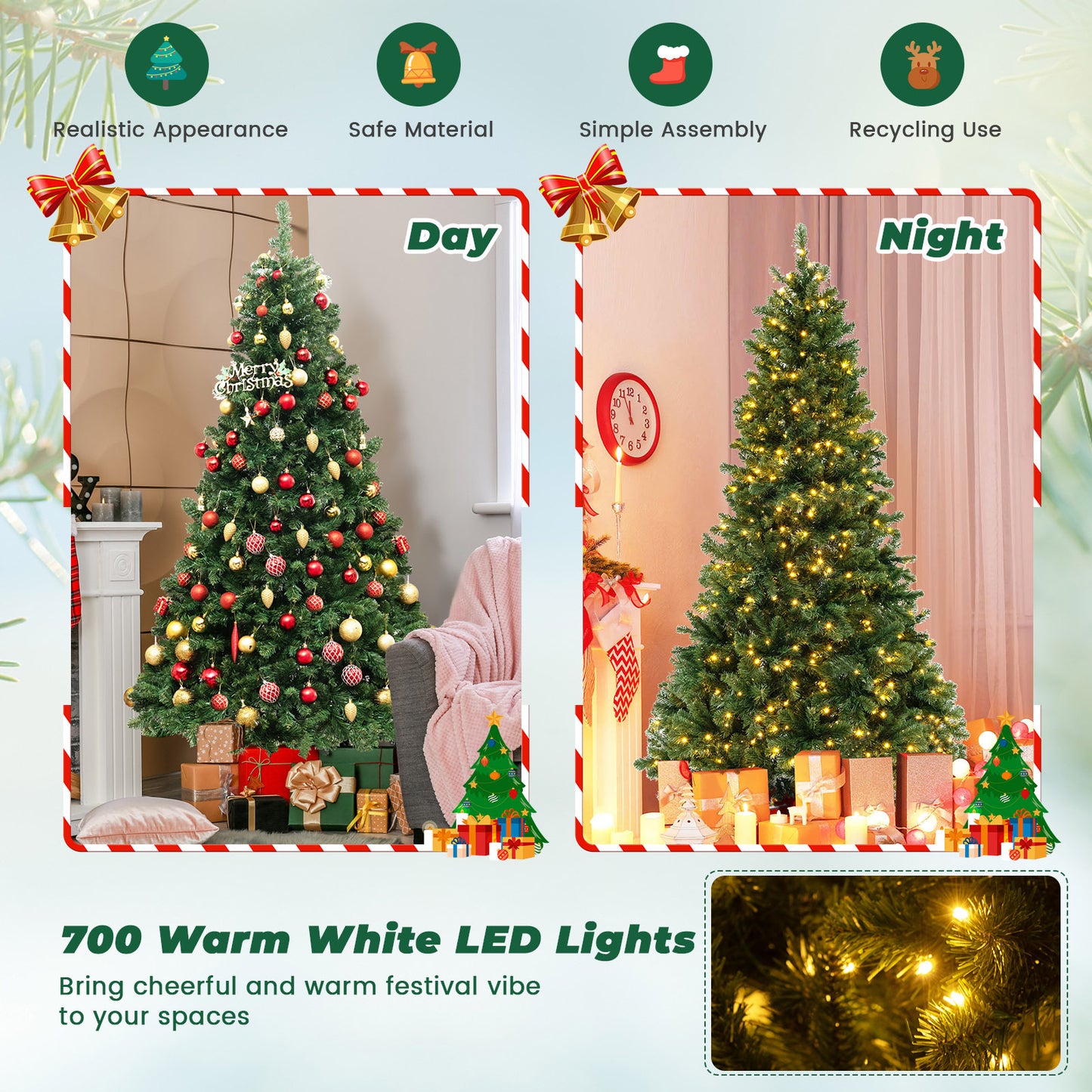 Topbuy 7FT Pre-lit Artificial Christmas Tree Hinged Xmas Tree with 700 Warm White LED Lights