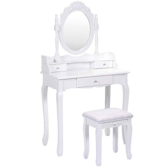 Topbuy White Vanity Mirror Wood Makeup Dressing Table Stool Set White (Mirror, 3 Drawers, Stool)