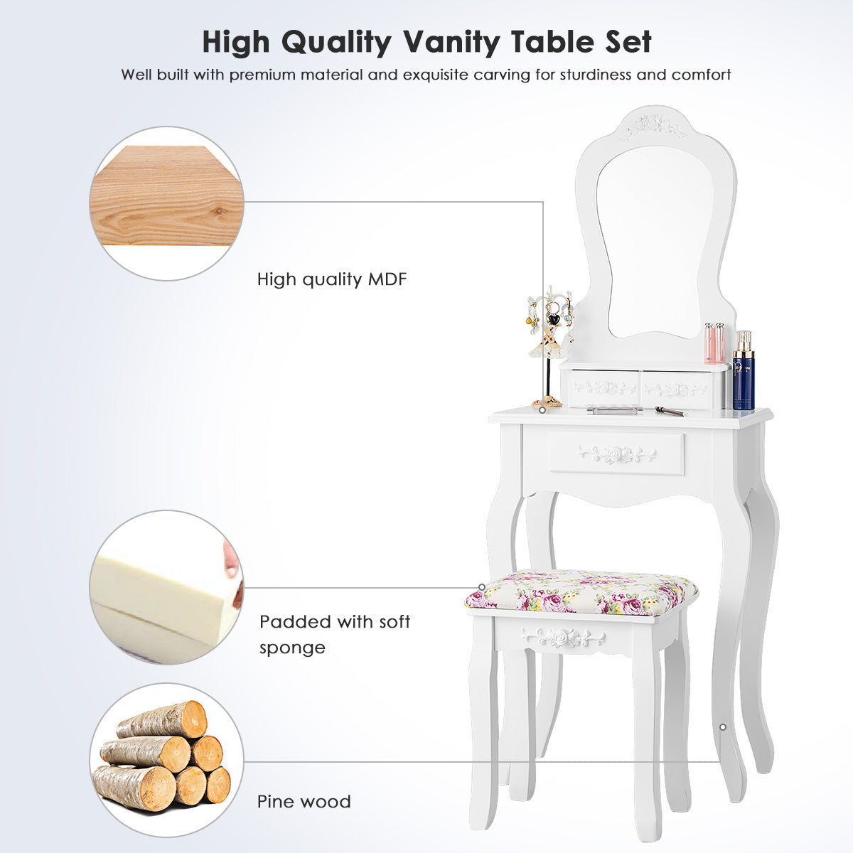 Topbuy Vanity Mirror Dressing Table Simple Style Beauty Dresser w/ Cushioned Bench