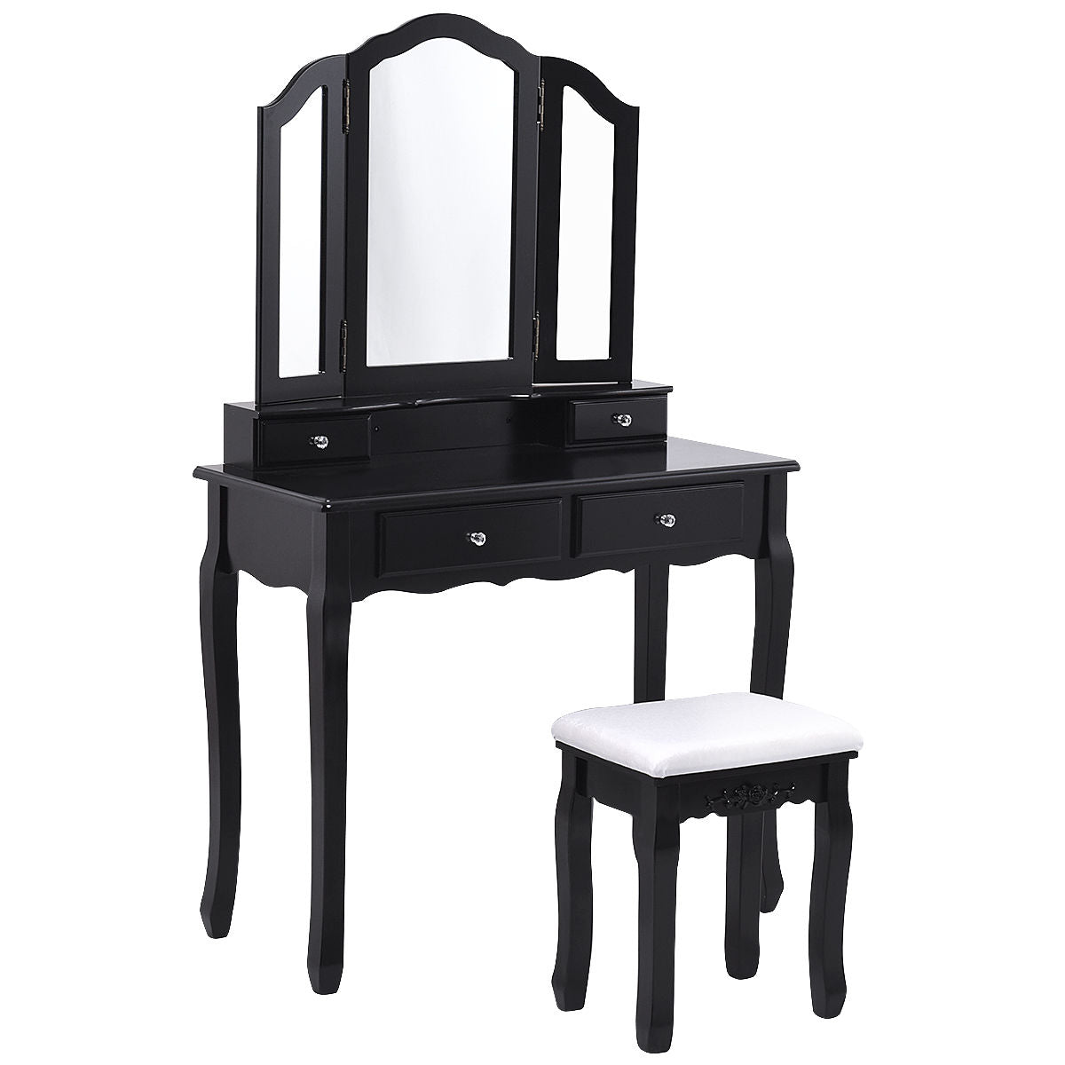 Topbuy Removable Tri-folding Mirror Vanity Table Unit Makeup Set w/  Stool & 4 Drawers