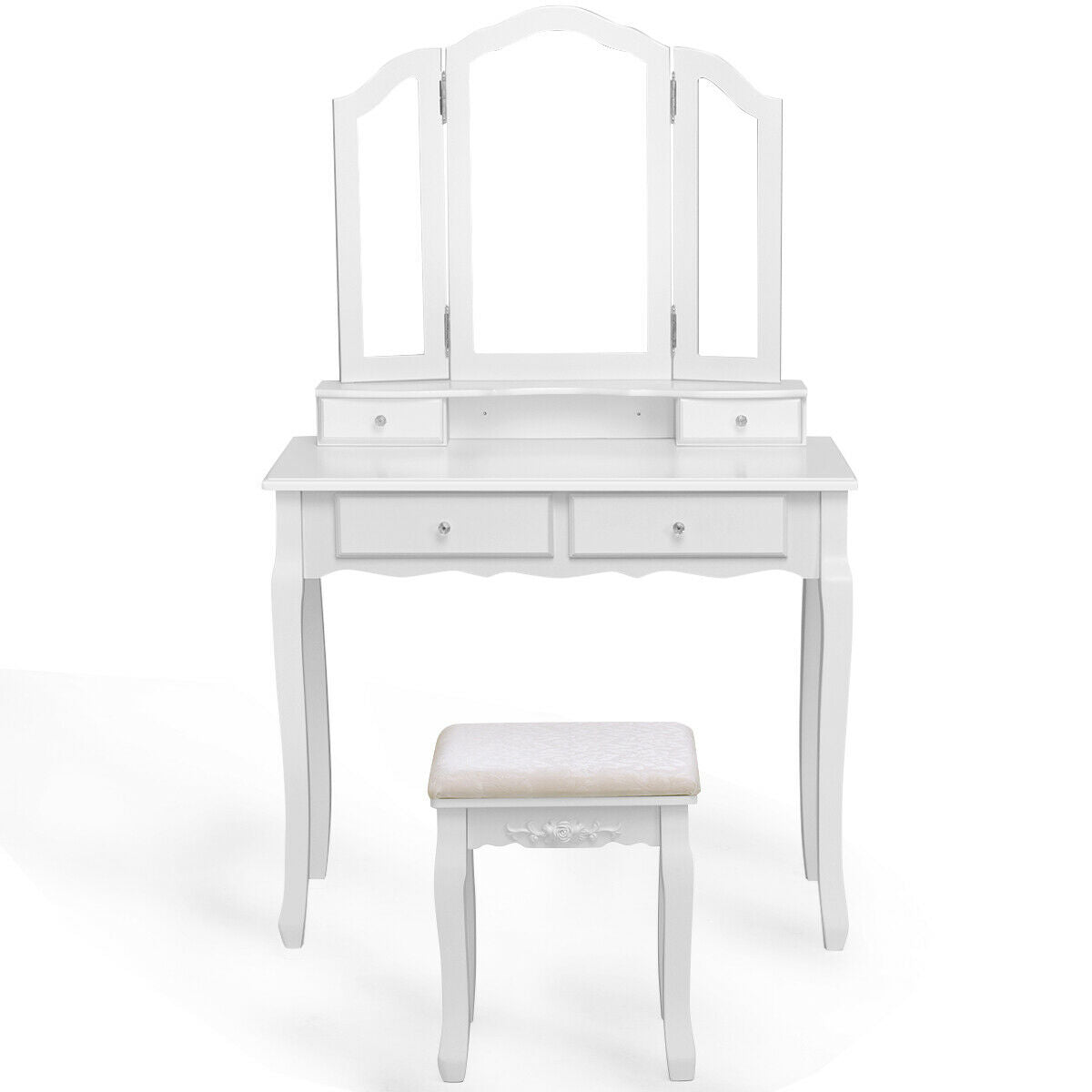 Topbuy Removable Tri-folding Mirror Vanity Table Unit Makeup Set w/  Stool & 4 Drawers