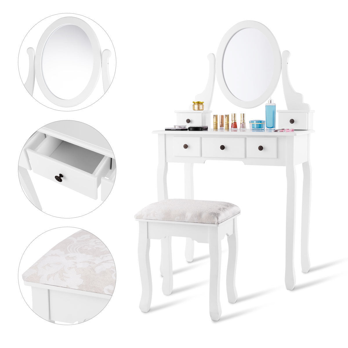 Topbuy Removable Mirror Vanity Table Unit Makeup Set w/ Padded Stool & 5 Dawers White