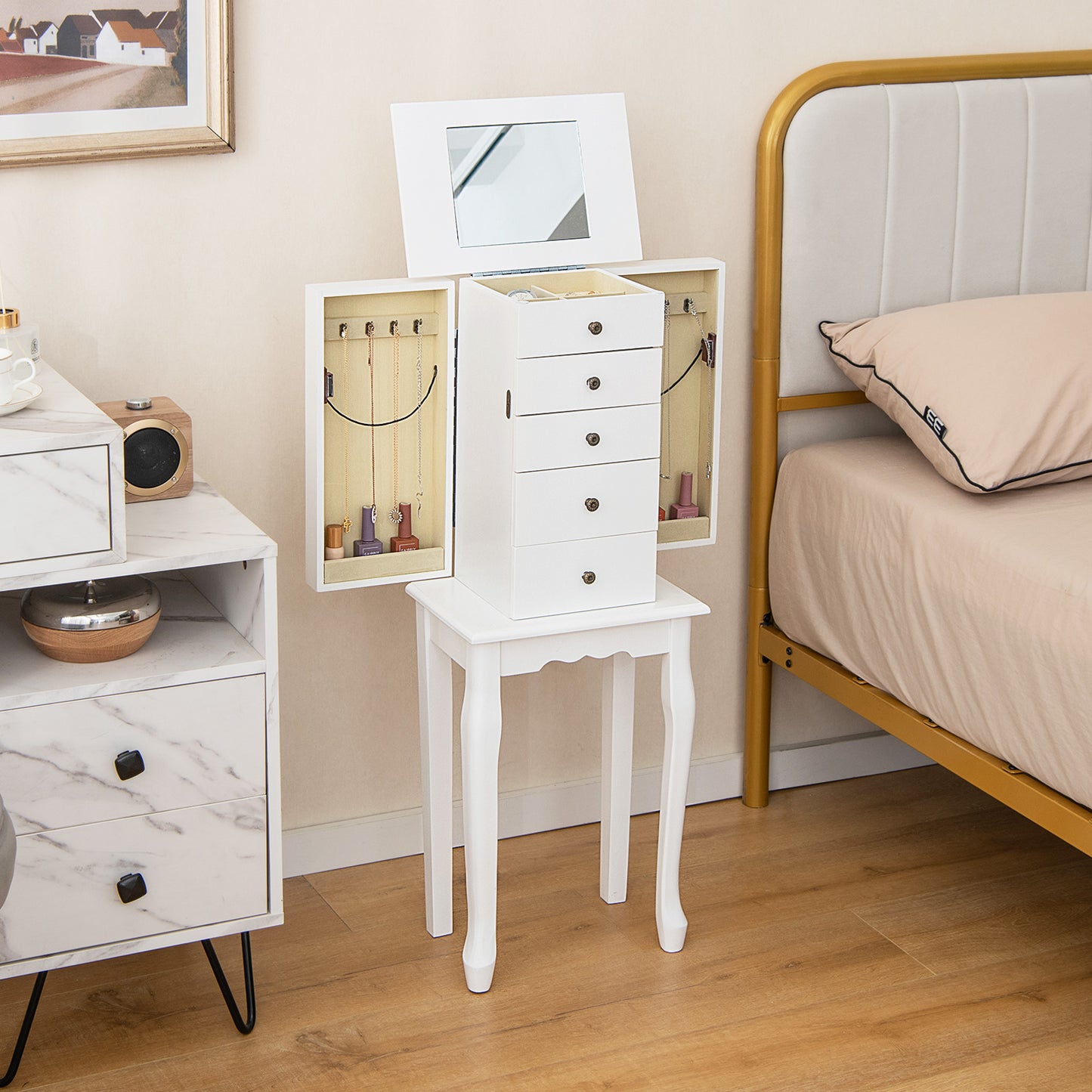 Topbuy Jewelry Cabinet Armoire Storage Box Chest Standing Dressing Organizer w/ Mirror