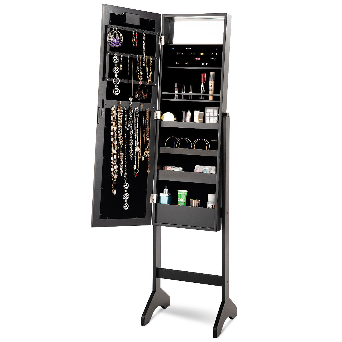 Topbuy LED Lighting Mirrored Jewelry Cabinet Armoire Free Standing Dressing Organizer