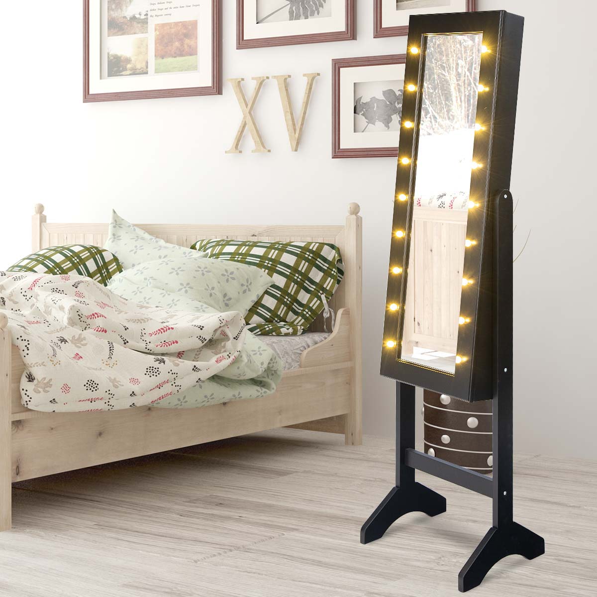 Topbuy LED Lighting Mirrored Jewelry Cabinet Armoire Free Standing Dressing Organizer