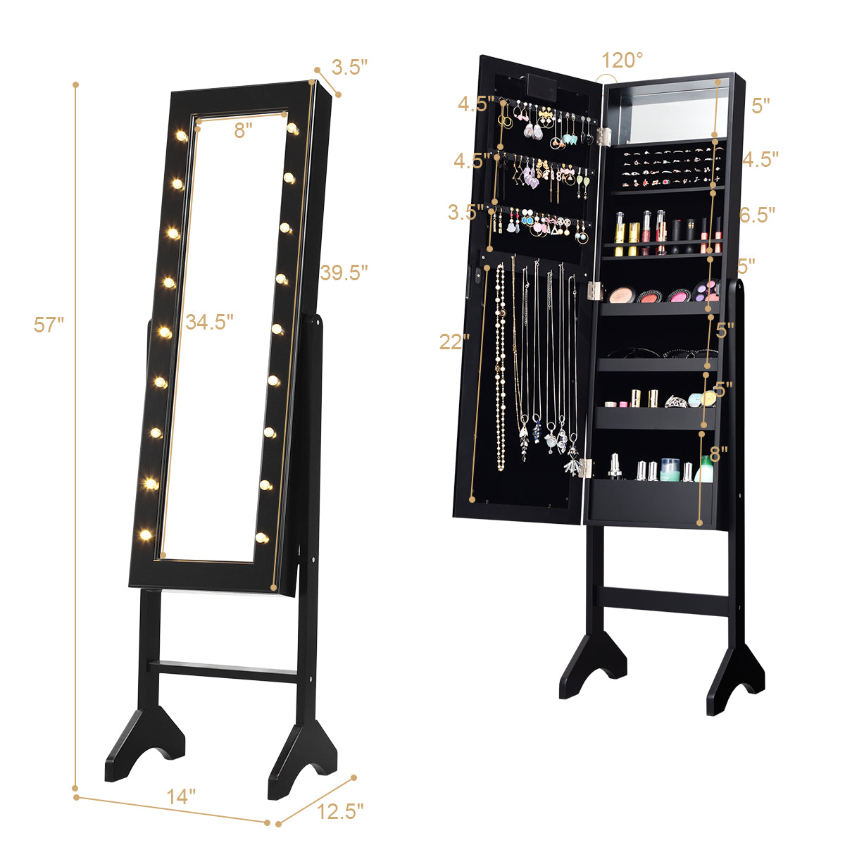 Topbuy LED Lighting Mirrored Jewelry Cabinet Armoire Free Standing Dressing Organizer