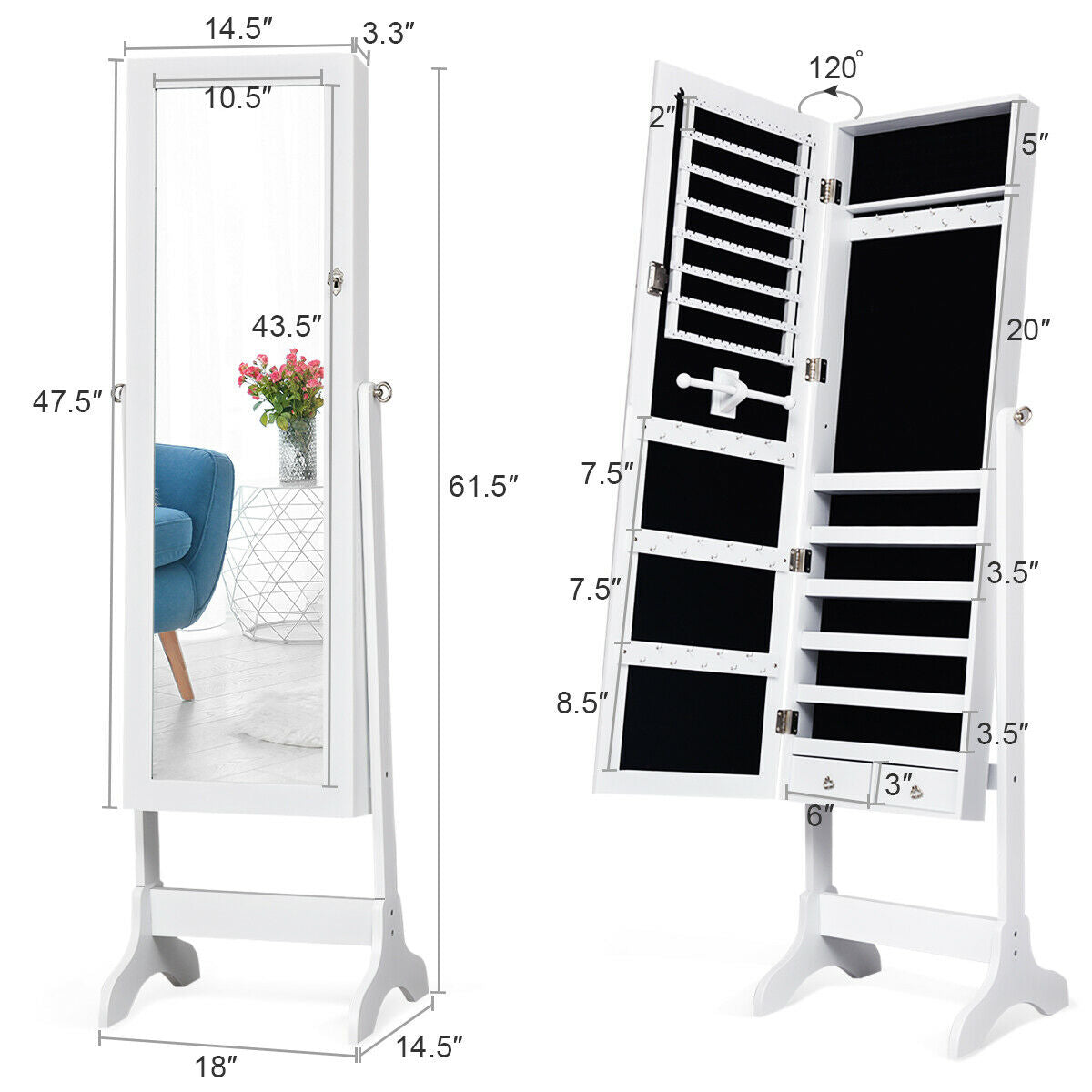 Topbuy Lockable Jewelery Cabinet Mirrored Floor Stand Storage Organizer