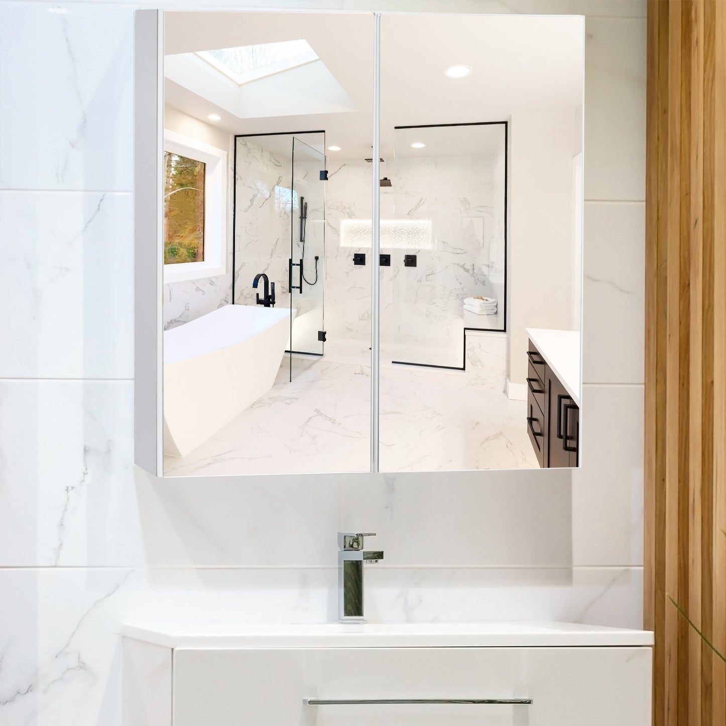 Topbuy Double Door White Storage Cabinet Wall Mounted Bathroom Mirrored Organizer w/ Shelves