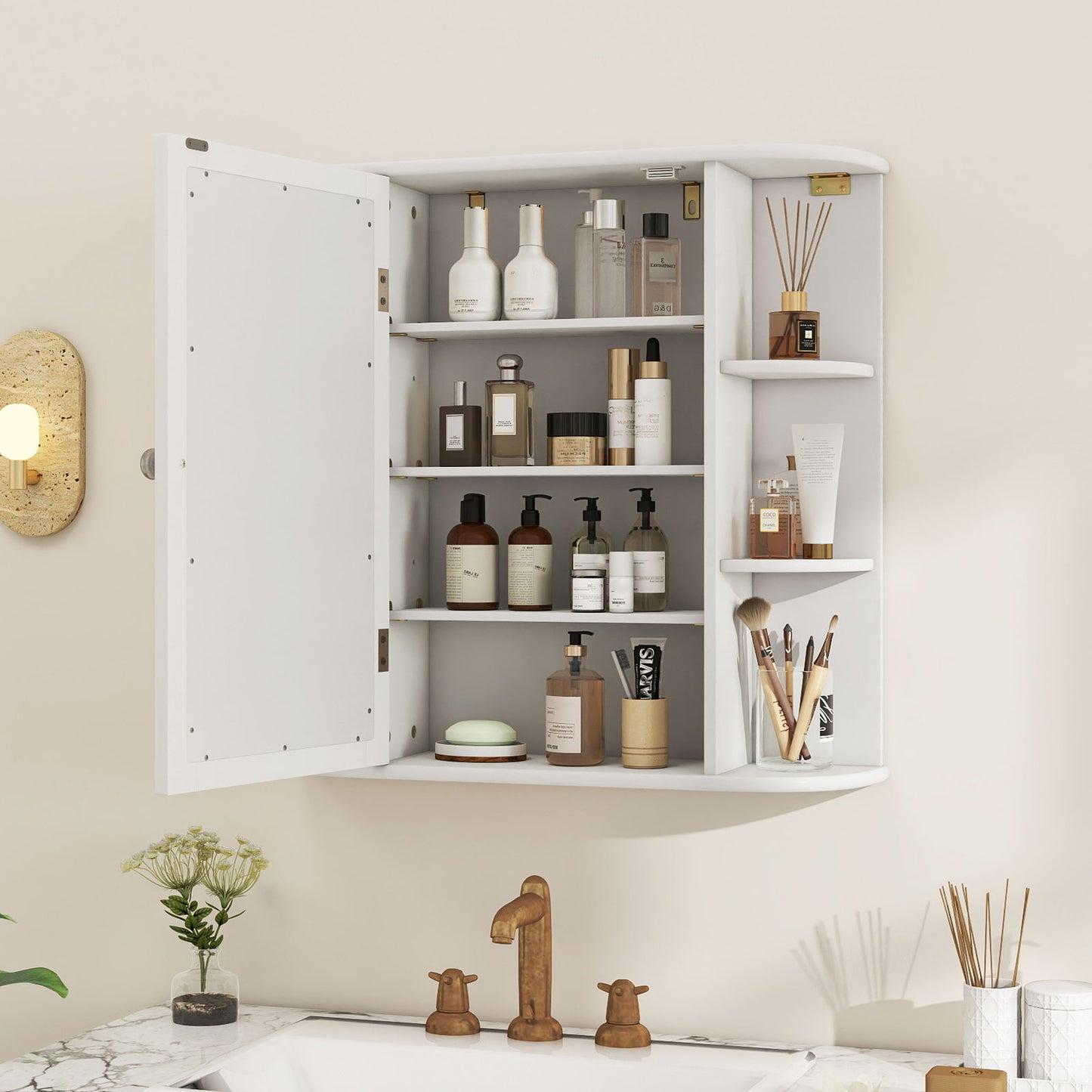 Topbuy Bathroom Wall Cabinet with Mirror Mirrored Medicine Cabinet with 6 Open & 4 Interior Shelves