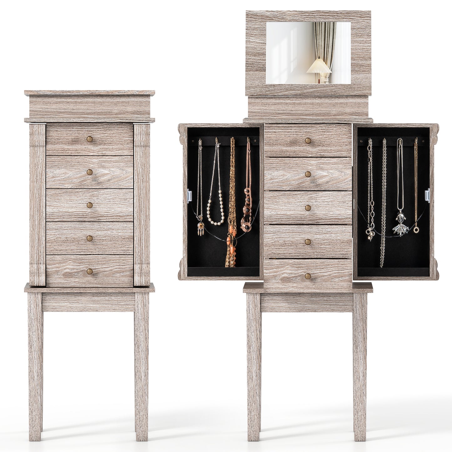 Topbuy Free Standing Jewelry Cabinet Chest Organizer w/ Mirror & Swing Doors Coffee