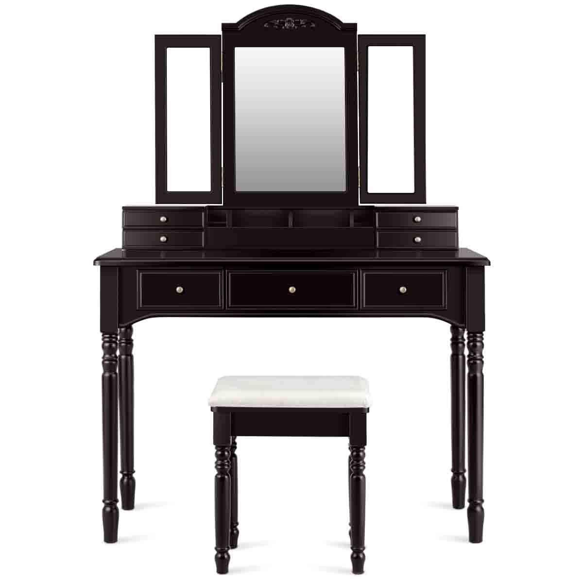 Topbuy 7 Drawers Tri-Folding Vanity Mirror Makeup Dressing Table Set w/ Necklace Hook Coffee