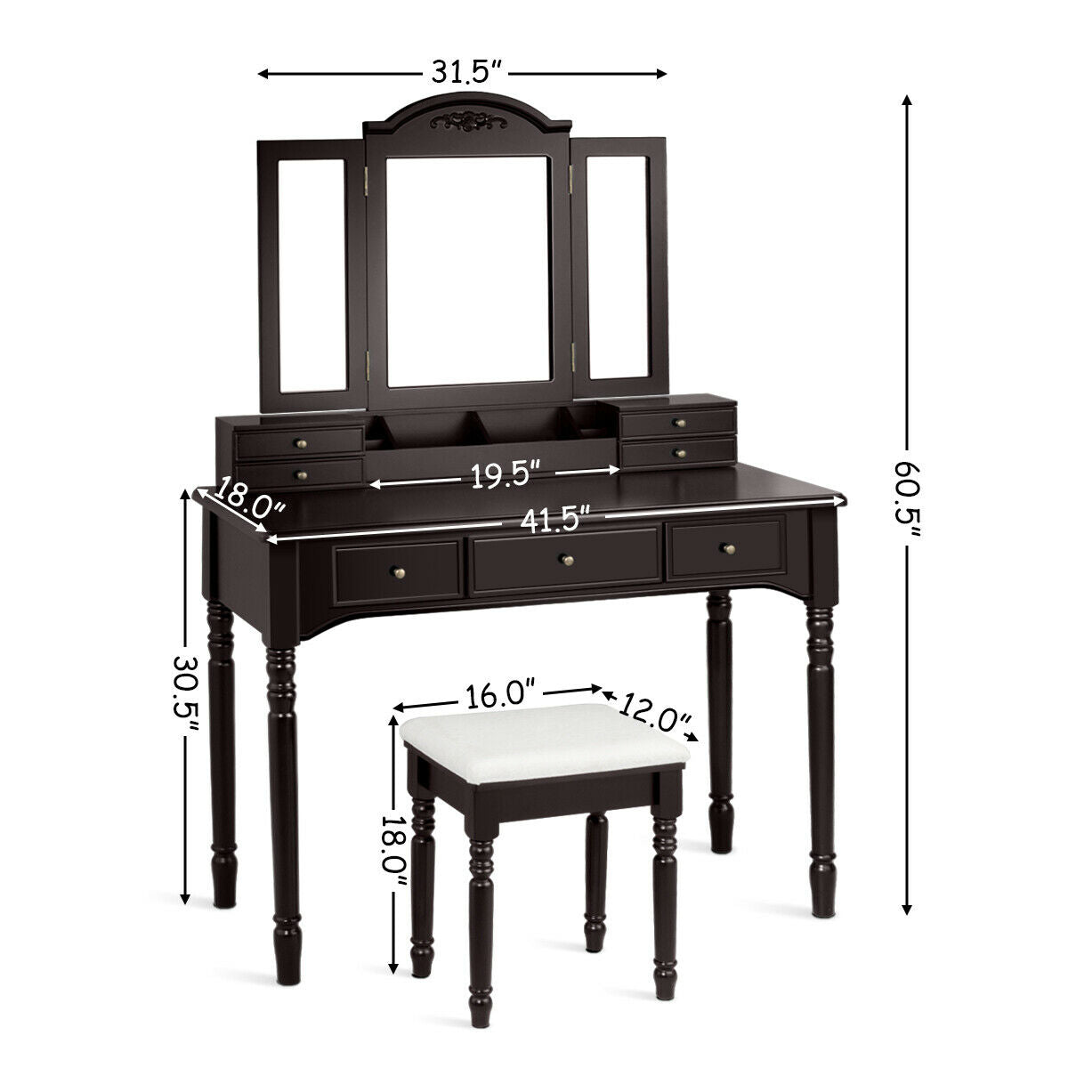 Topbuy 7 Drawers Tri-Folding Vanity Mirror Makeup Dressing Table Set w/ Necklace Hook Coffee