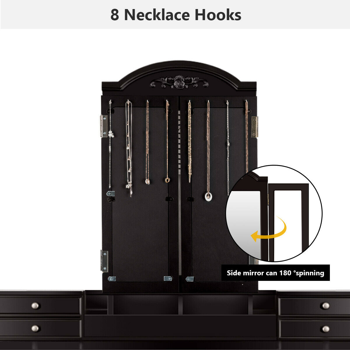 Topbuy 7 Drawers Tri-Folding Vanity Mirror Makeup Dressing Table Set w/ Necklace Hook Coffee