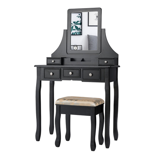 Topbuy Rotatable Mirror Vanity Set Makeup Dressing Table and Stool w/ 5 Drawers