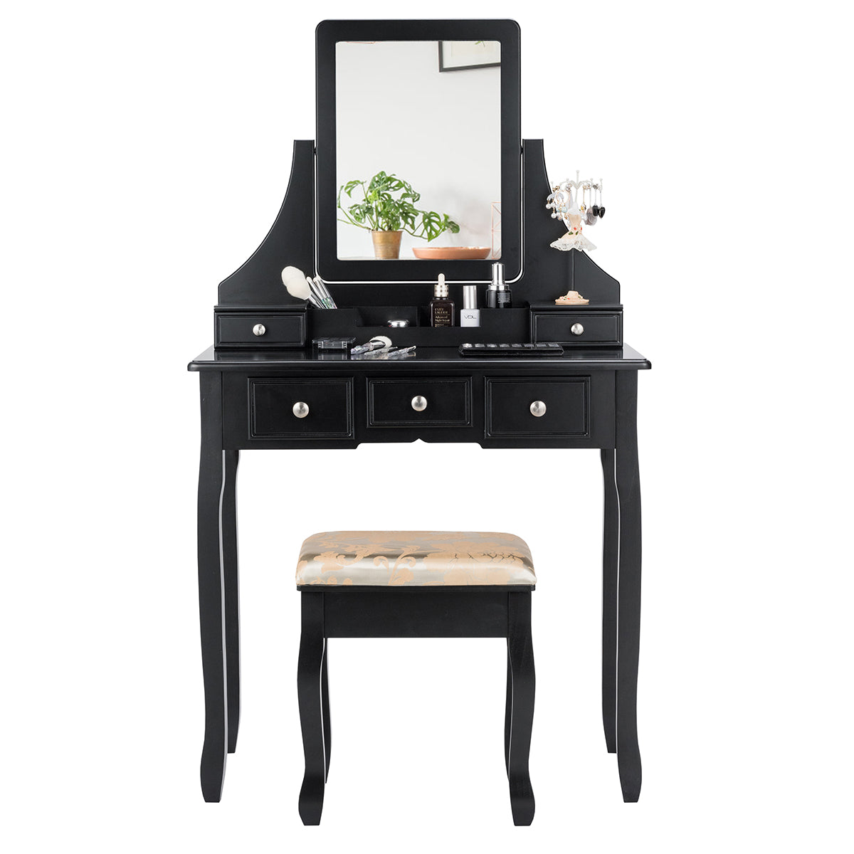 Topbuy Rotatable Mirror Vanity Set Makeup Dressing Table and Stool w/ 5 Drawers