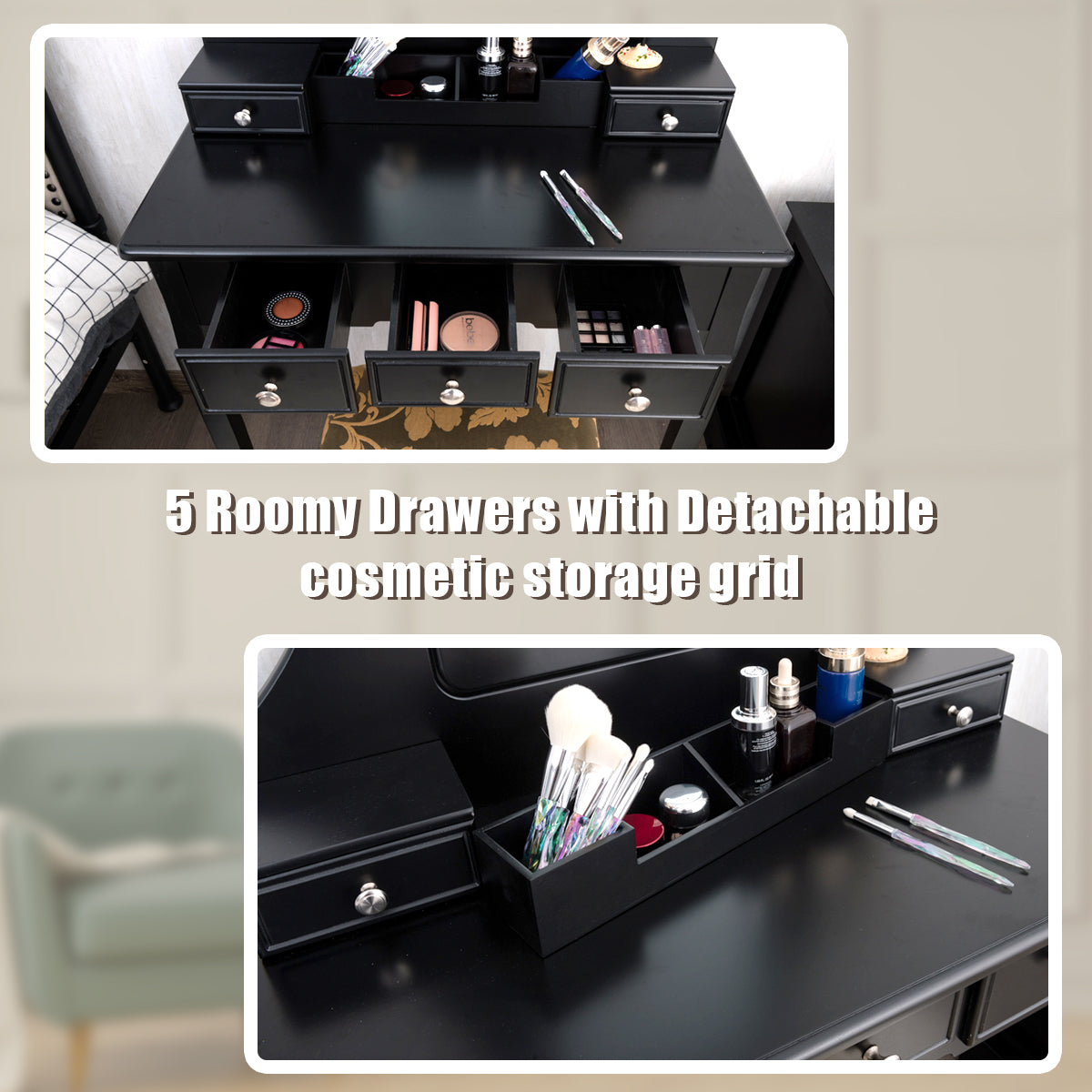 Topbuy Rotatable Mirror Vanity Set Makeup Dressing Table and Stool w/ 5 Drawers