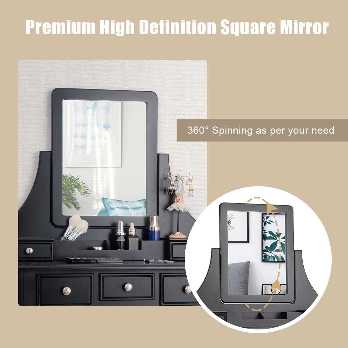 Topbuy Rotatable Mirror Vanity Set Makeup Dressing Table and Stool w/ 5 Drawers