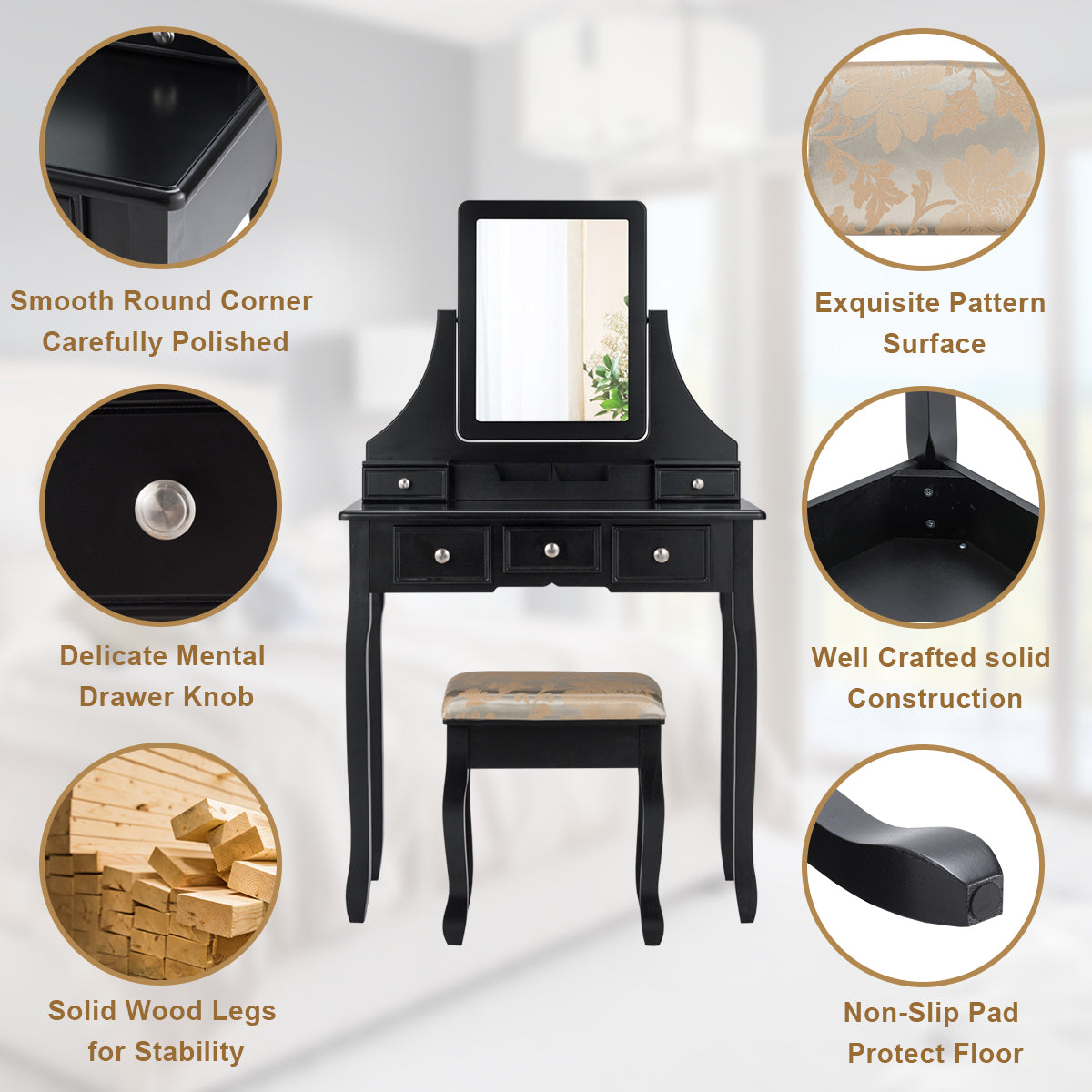 Topbuy Rotatable Mirror Vanity Set Makeup Dressing Table and Stool w/ 5 Drawers