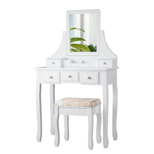 Topbuy Rotatable Mirror Vanity Set Makeup Dressing Table and Stool w/ 5 Drawers