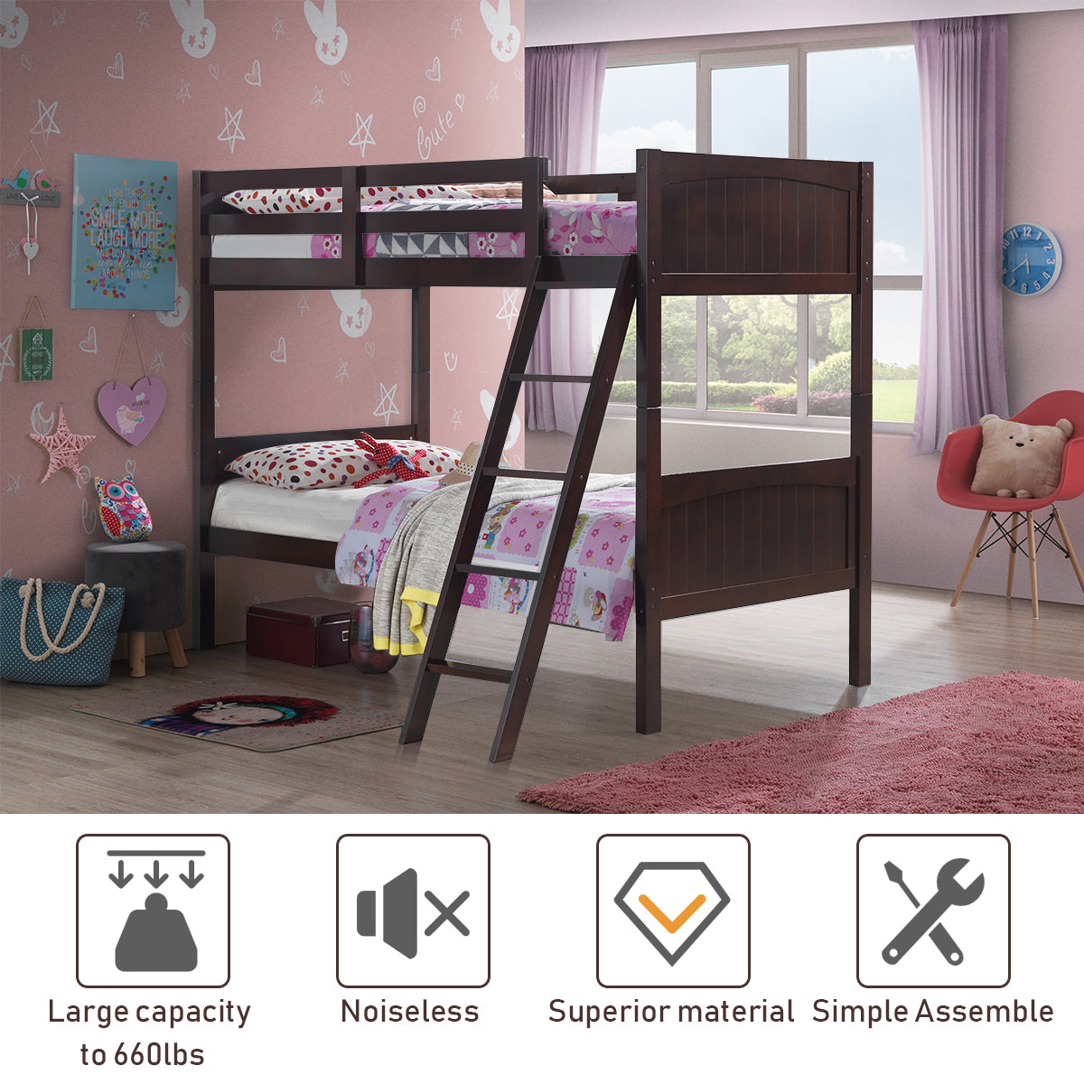 Topbuy Twin Over Twin Bunk Beds Convertible 2 Individual Twin Beds Solid Hardwood