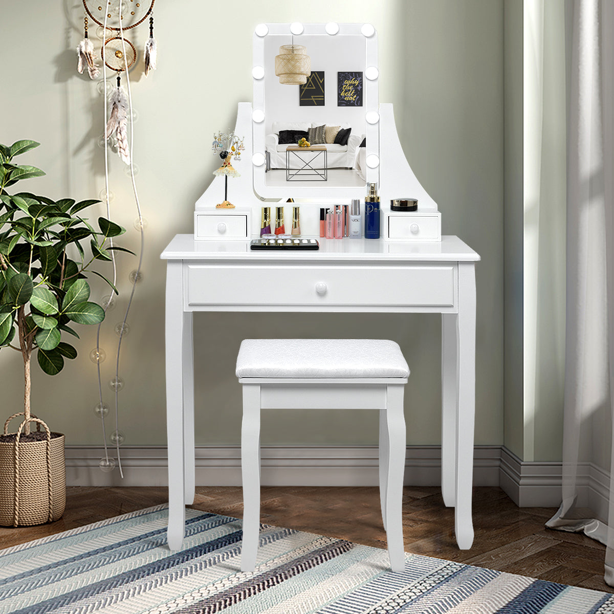 Topbuy Make-Up Vanity Table Dresser Set w/LED Light & Padded Stool