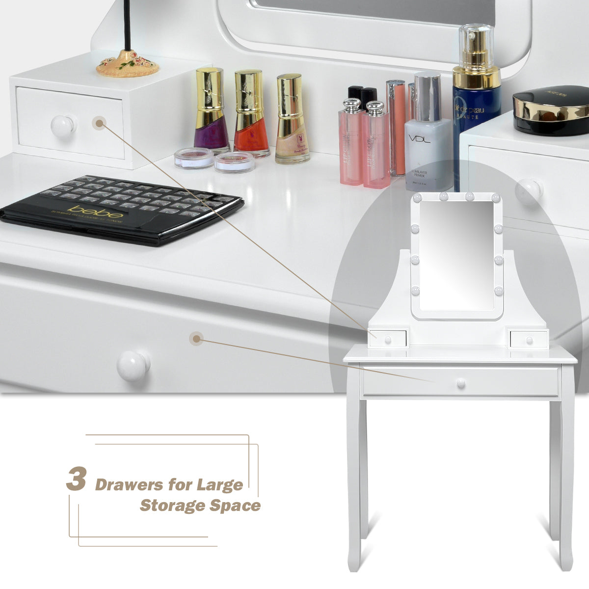 Topbuy Make-Up Vanity Table Dresser Set w/LED Light & Padded Stool