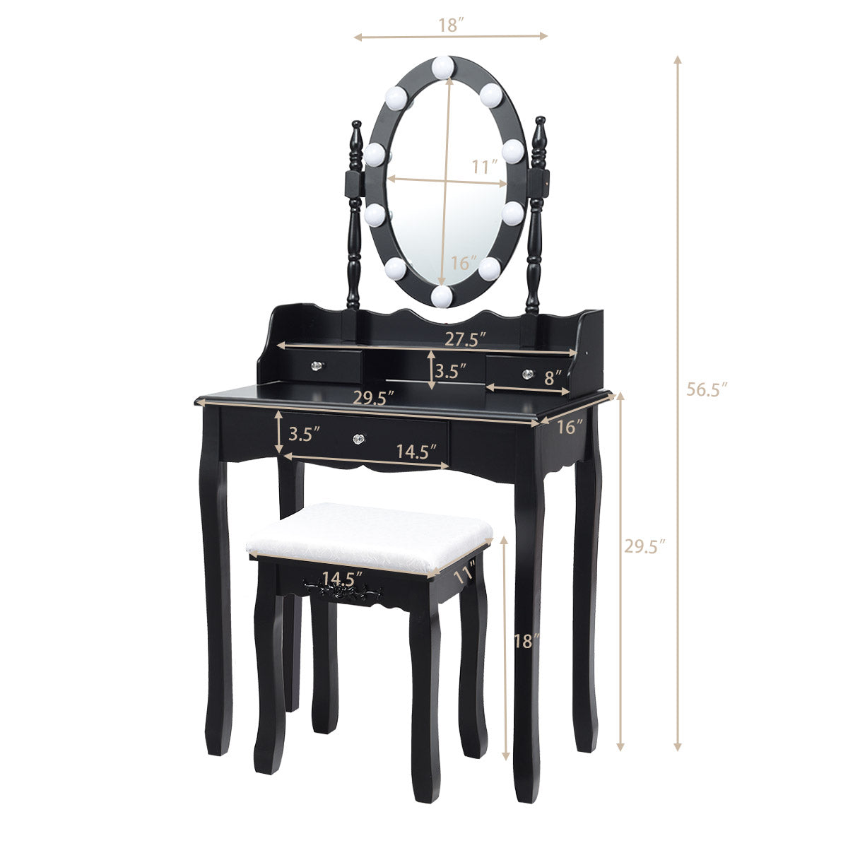 Topbuy Mirrored Vanity Table Set Lighted Makeup Dresser w/ Drawers