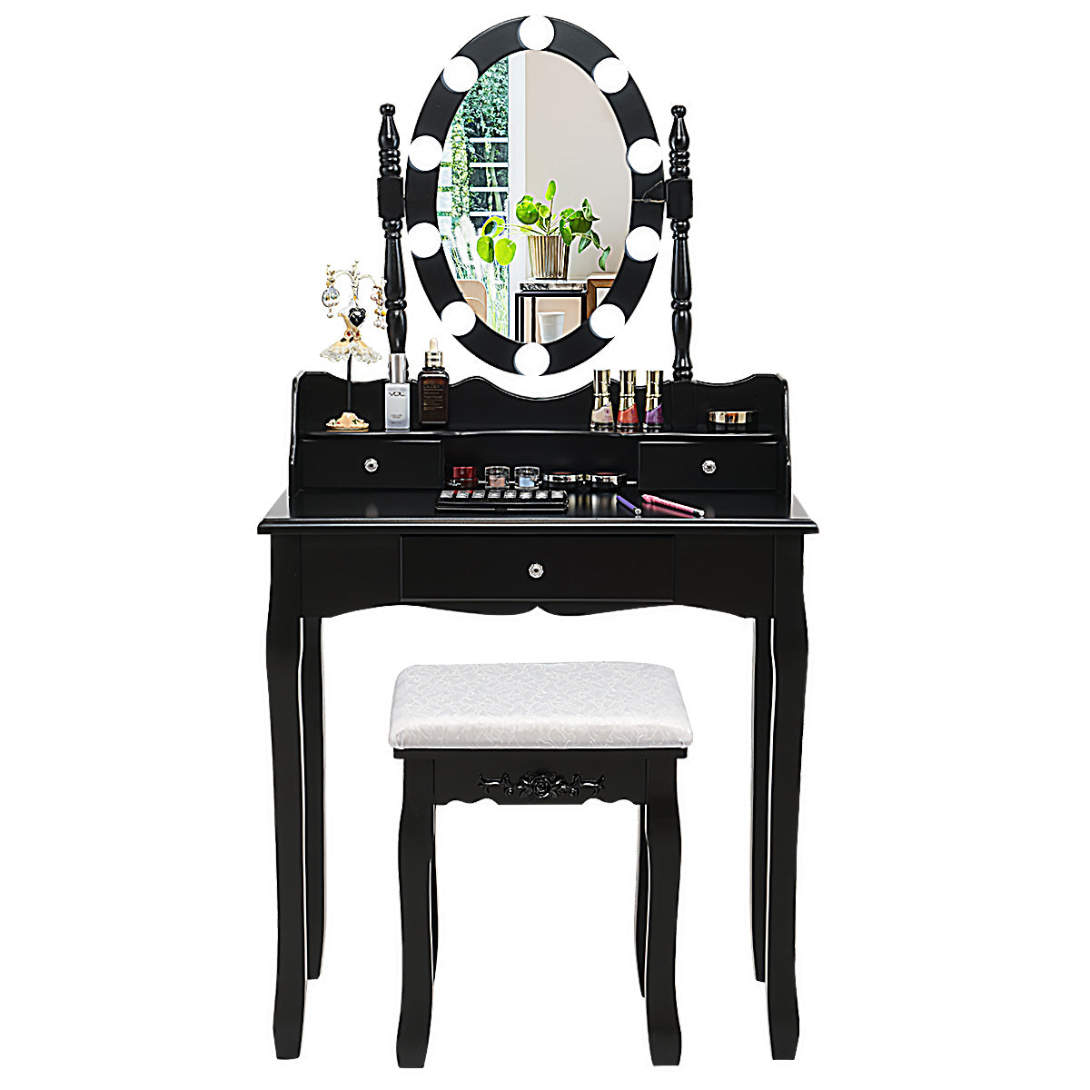 Topbuy Mirrored Vanity Table Set Lighted Makeup Dresser w/ Drawers